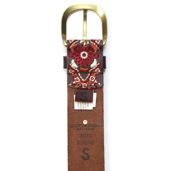 Lucky Brand Leather Belt Brown Red Orange Embroidery Gold Stud and Buckle - Picture 4 of 4